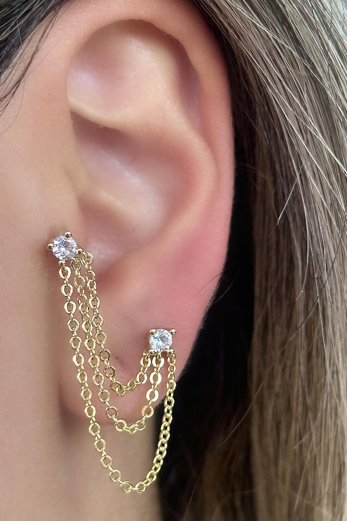 Altın Renk Taş Detaylı İkili Cerrahi Çelik Piercing