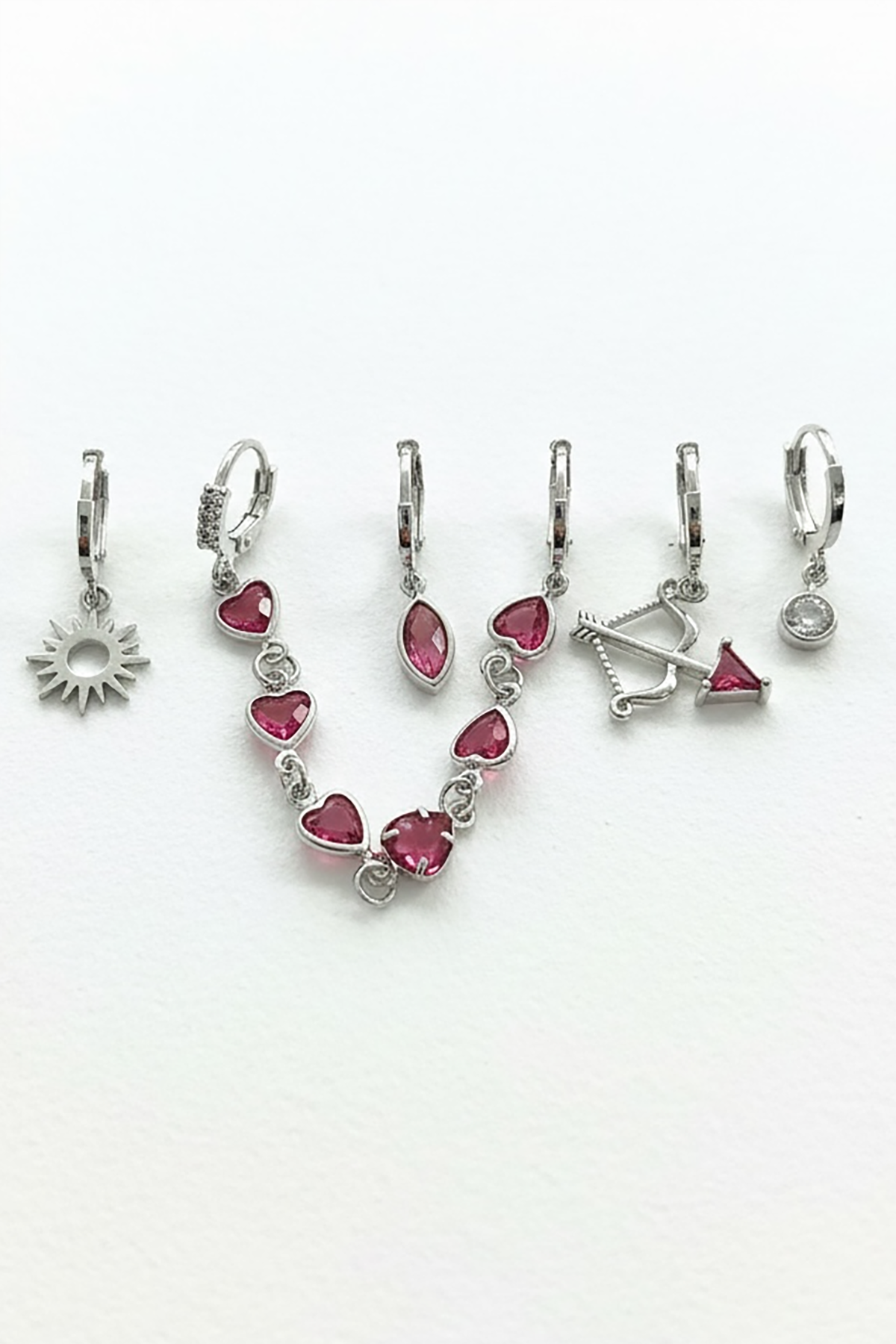 6lı Gümüş Renk Taş Detaylı Küpe Set
