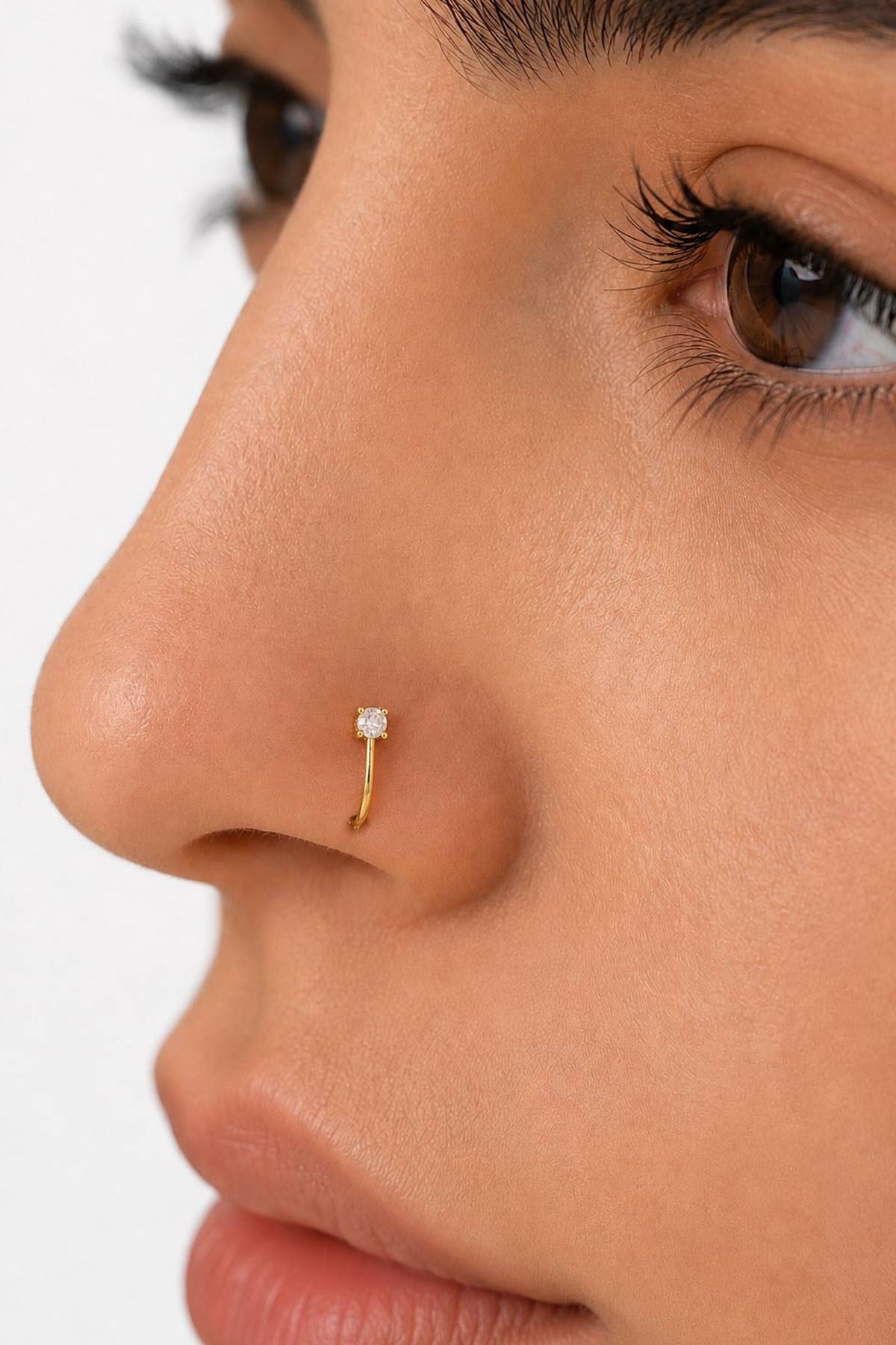 Altın Renk Taş Detaylı Cerrahi Çelik Deliksiz Kulak/Burun Piercing 