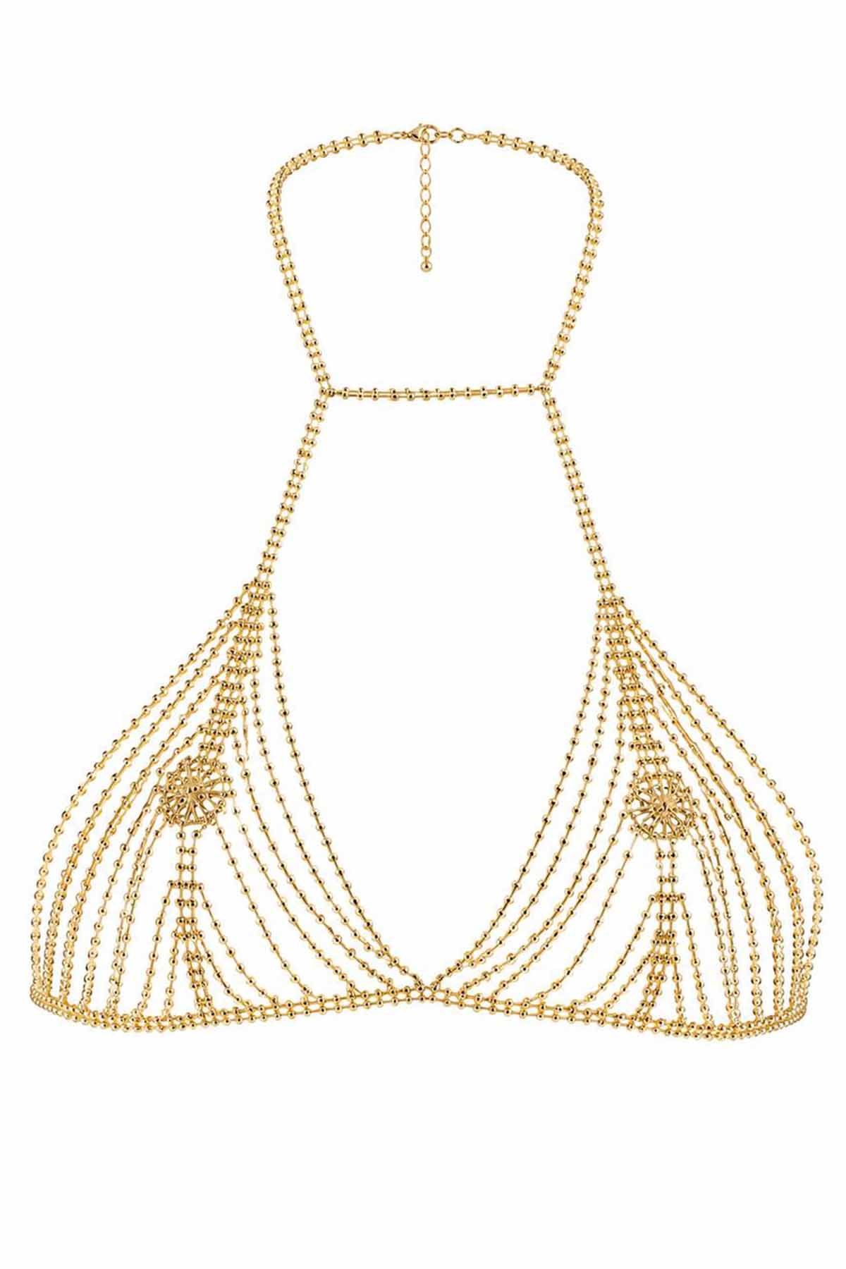 Altın Renk Taş Detaylı Bikini Üstü /Bralet /Vücut Aksesuarı