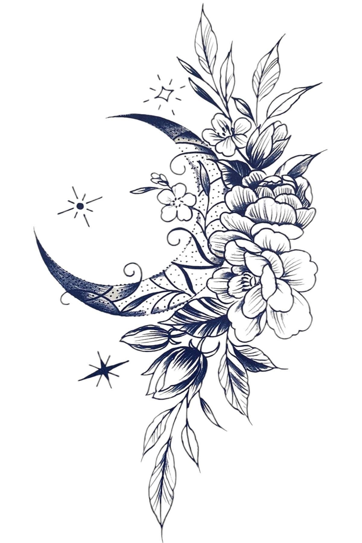 Çiçek Ve Ay Figürlü Sonradan Kararan Yarı Kalıcı Geçici Dövme Tattoo