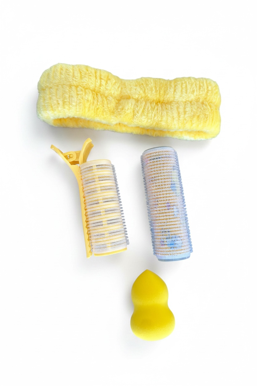 Sarı Renk Peluş Saç Bandı, Bigudi Ve Makyaj Sünger Set