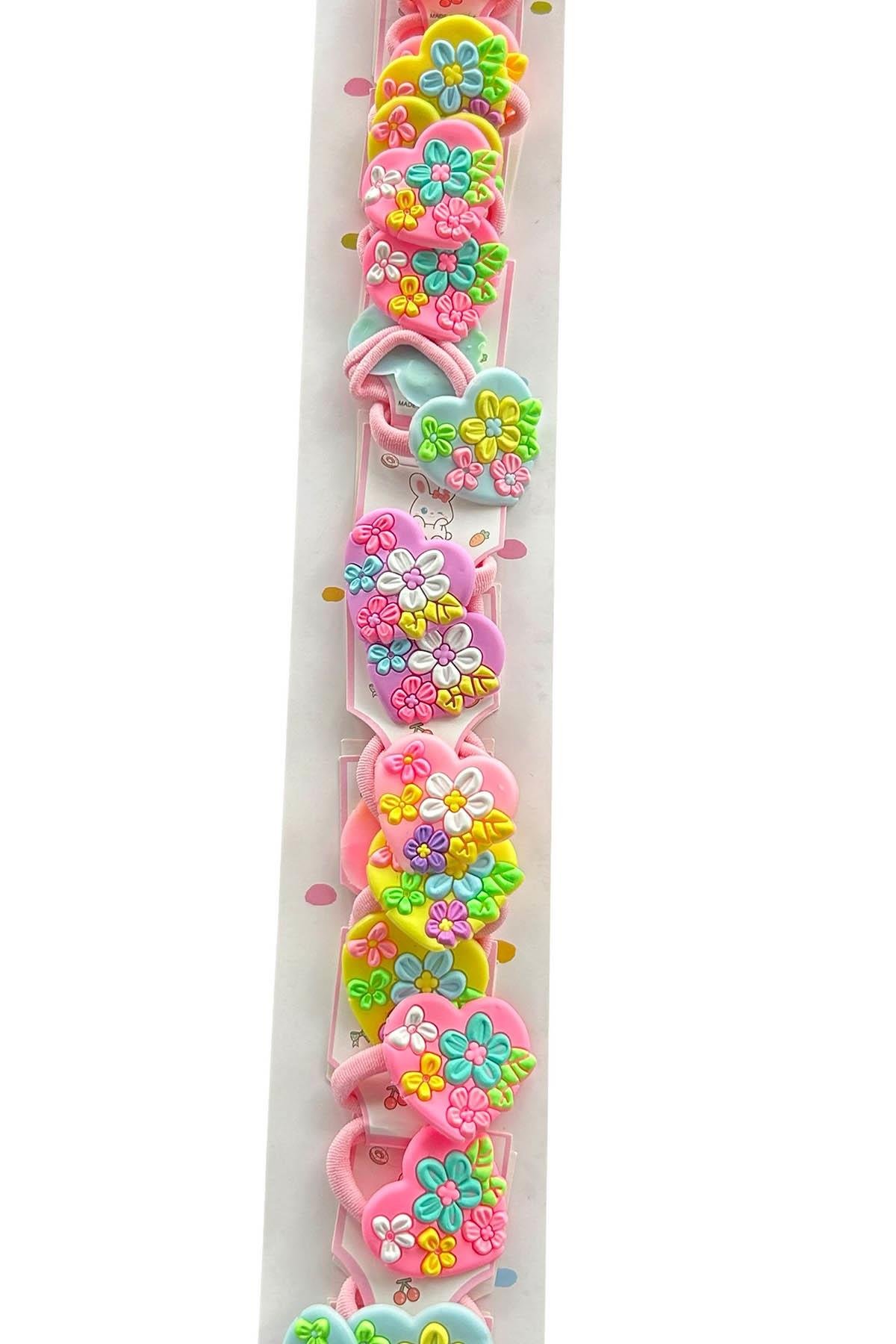 Karışık Renk Çiçek Ve Kalp Figürlü Çocuk Lastik Toka Set