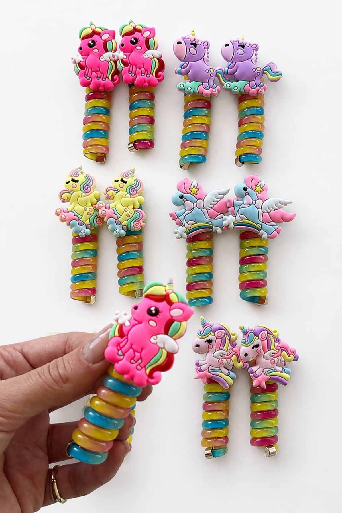 12li Karışık Renk Unicorn Figürlü Spiral Yaylı Toka Set