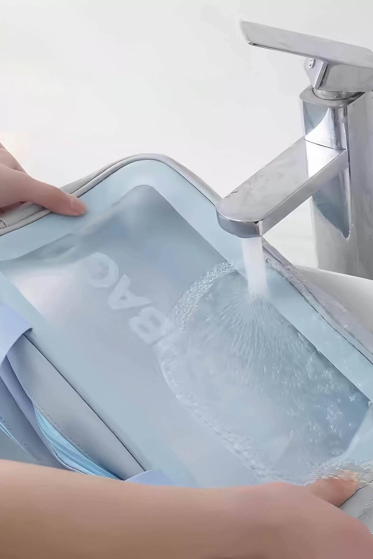 Mavi Renk Washbag Yazılı Su Geçirmez Büyük Boy Makyaj Çantası