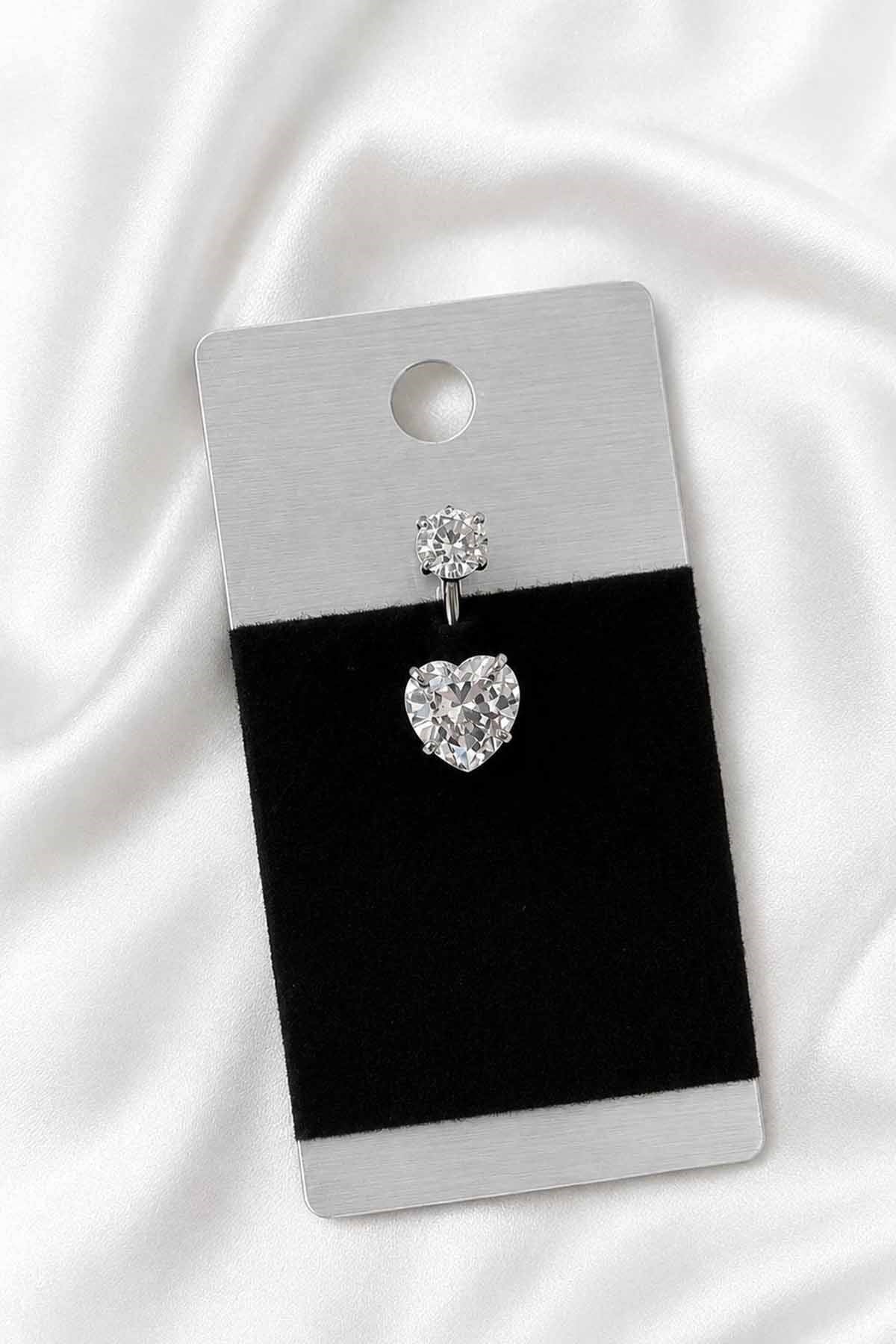 Gümüş Renk Kalp Figürlü Taşlı Cerrahi Çelik Göbek Piercing