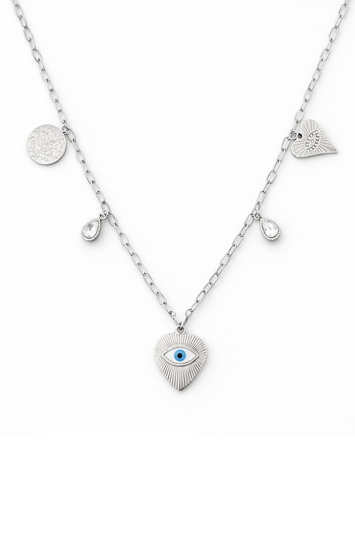 Gümüş Renk Zincir Detaylı Karışık Charmlı Çelik Kolye