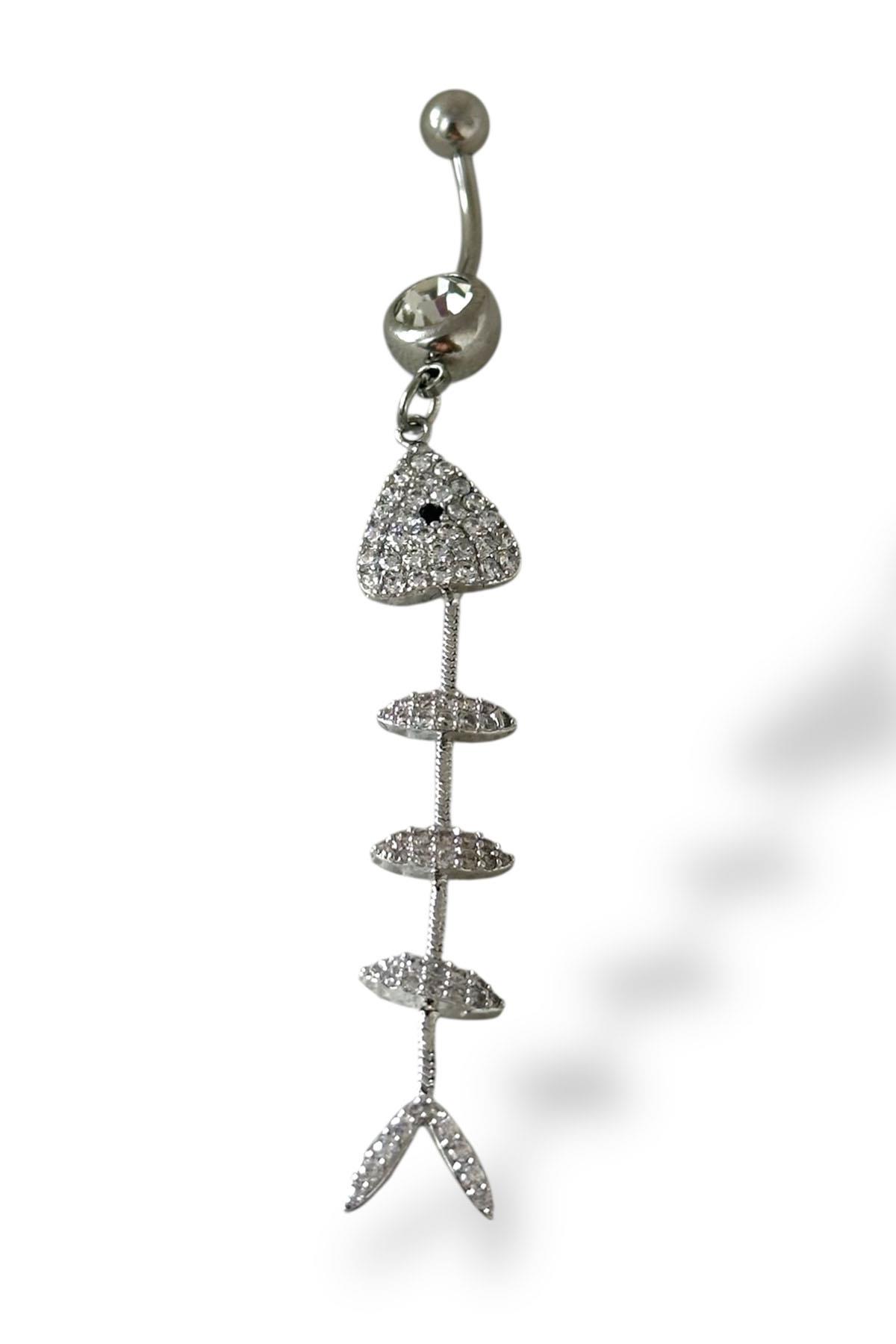 Gümüş Renk Balıık Kılçığı Figürlü Cerrahi Çelik Göbek Piercing