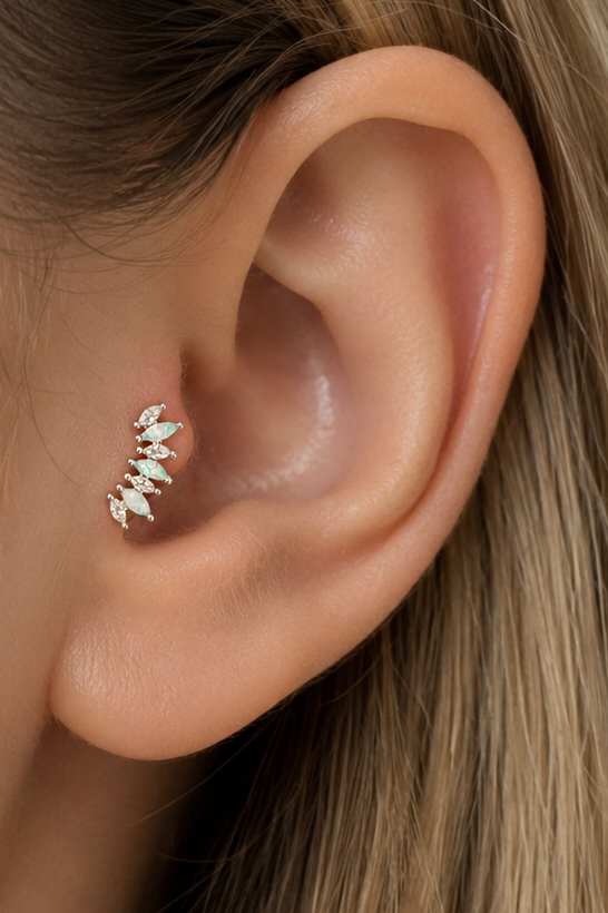 Gümüş Renk Taşlı Cerrahi Çelik Tragus/Kıkırdak Küpe/Piercing (Tek)