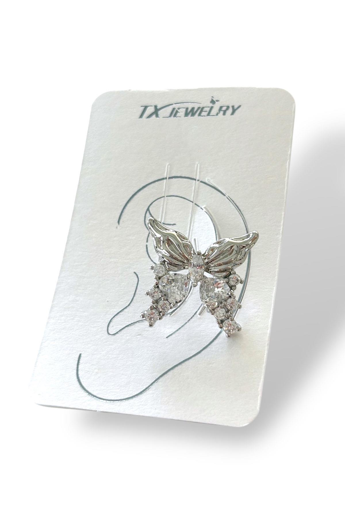 Gümüş Renk Kelebek Figürlü Taş Detaylı 14K Altın Kaplama TX Ear Cuff (Tek)