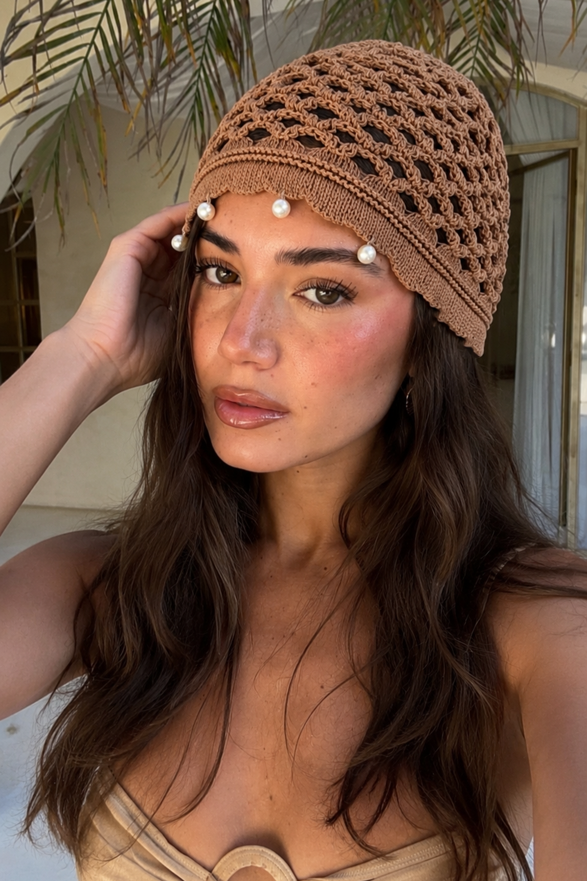 Kahve Renk İnci Detaylı Örgü Saç Bandana
