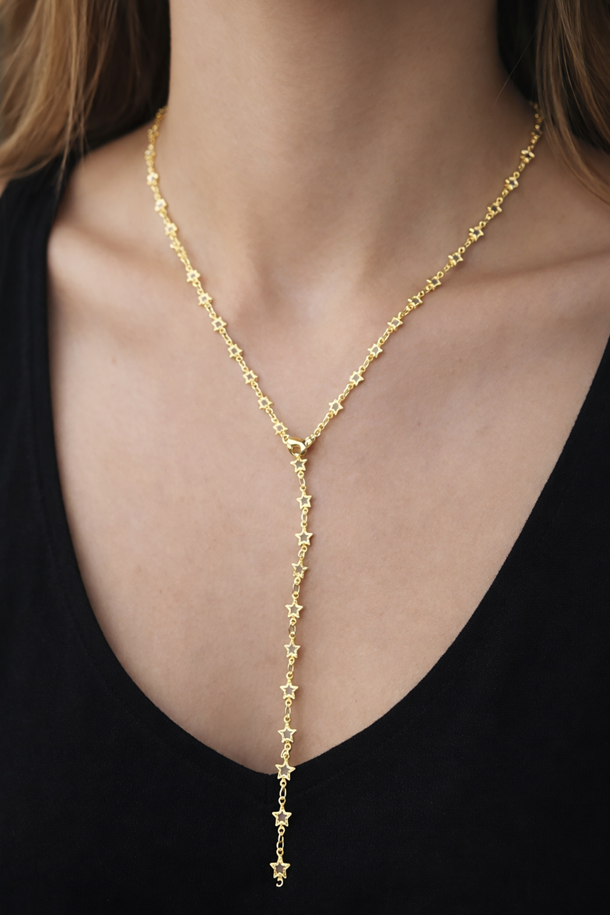 Altın Renk Yıldız Figürlü Taş Detaylı Y Kolye