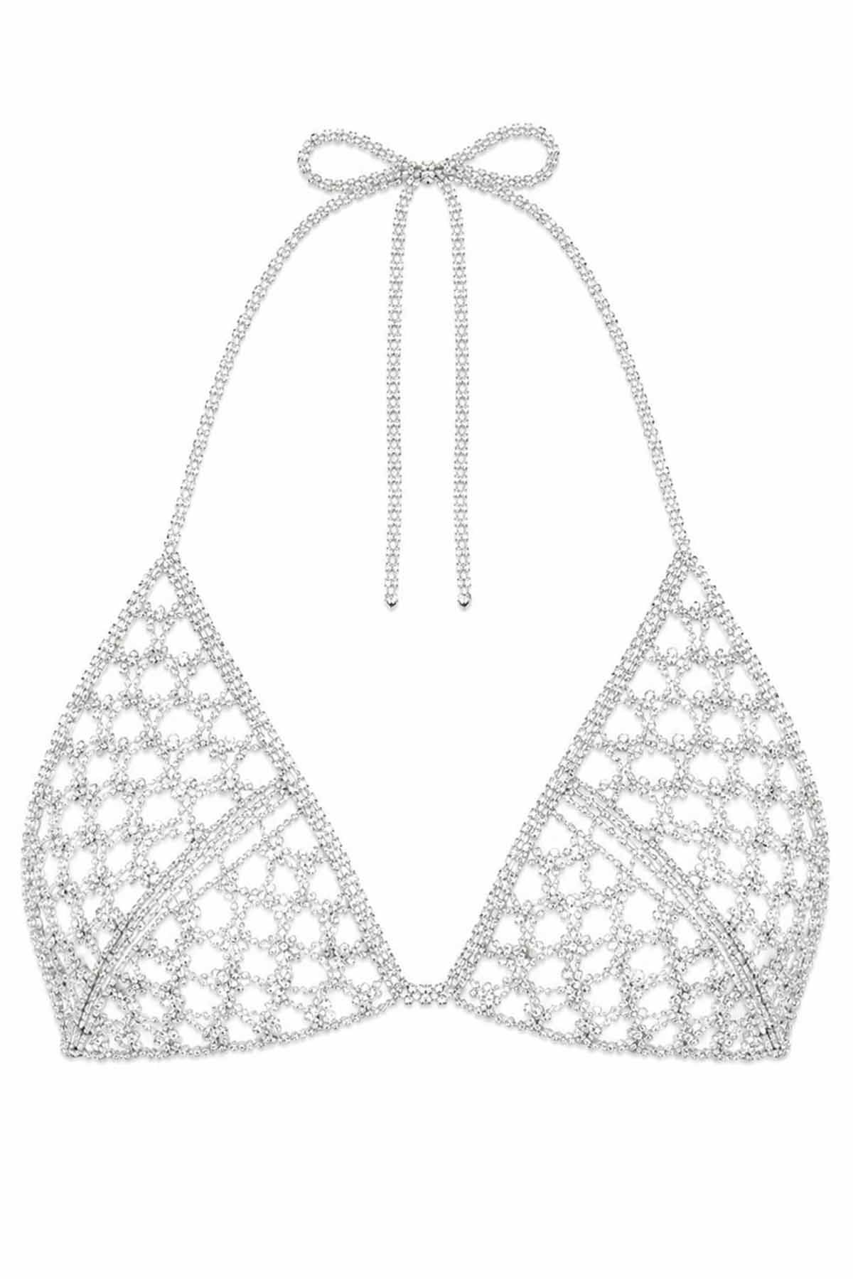 Gümüş Renk Taş Detaylı Bikini Üstü /Bralet /Vücut Aksesuarı