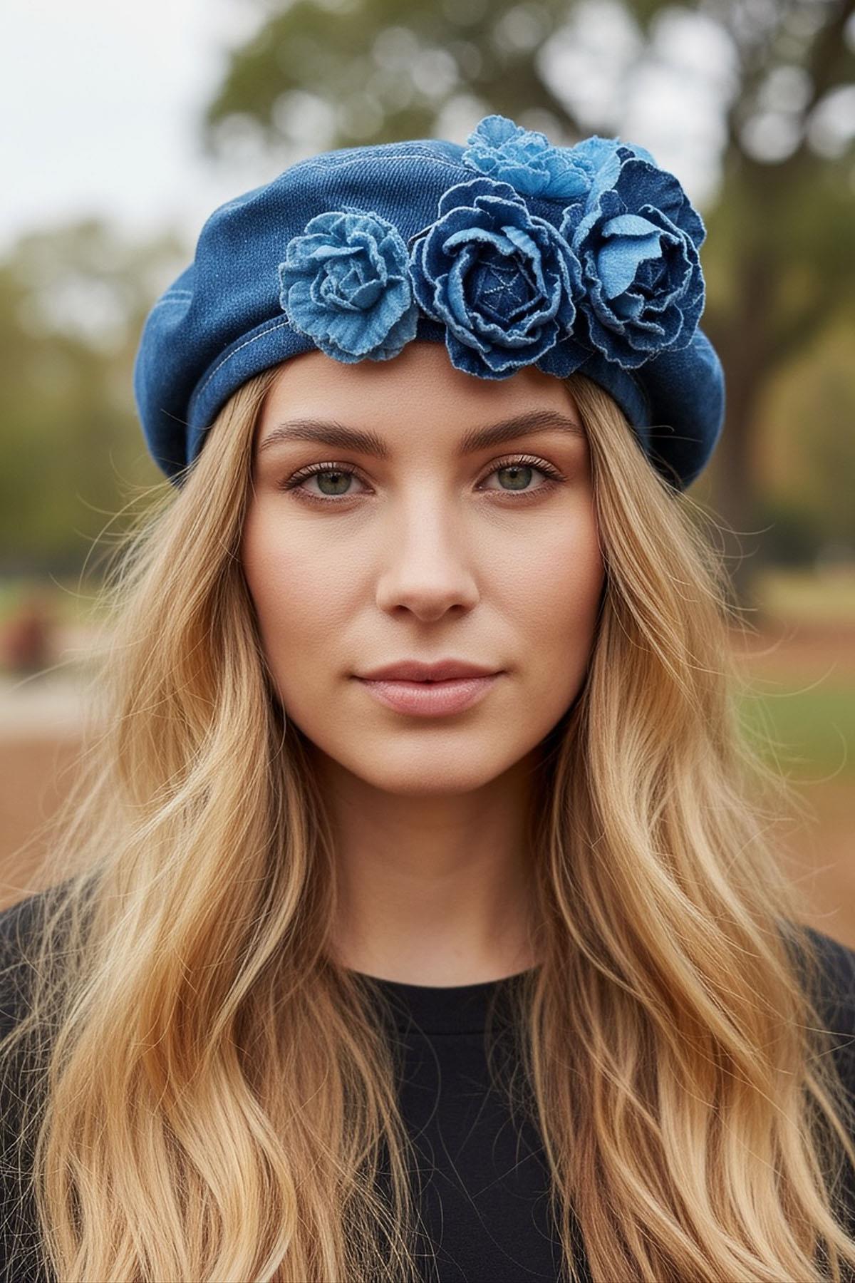 Mavi Renk Çiçek Figürlü Kot Tasarım Şapka