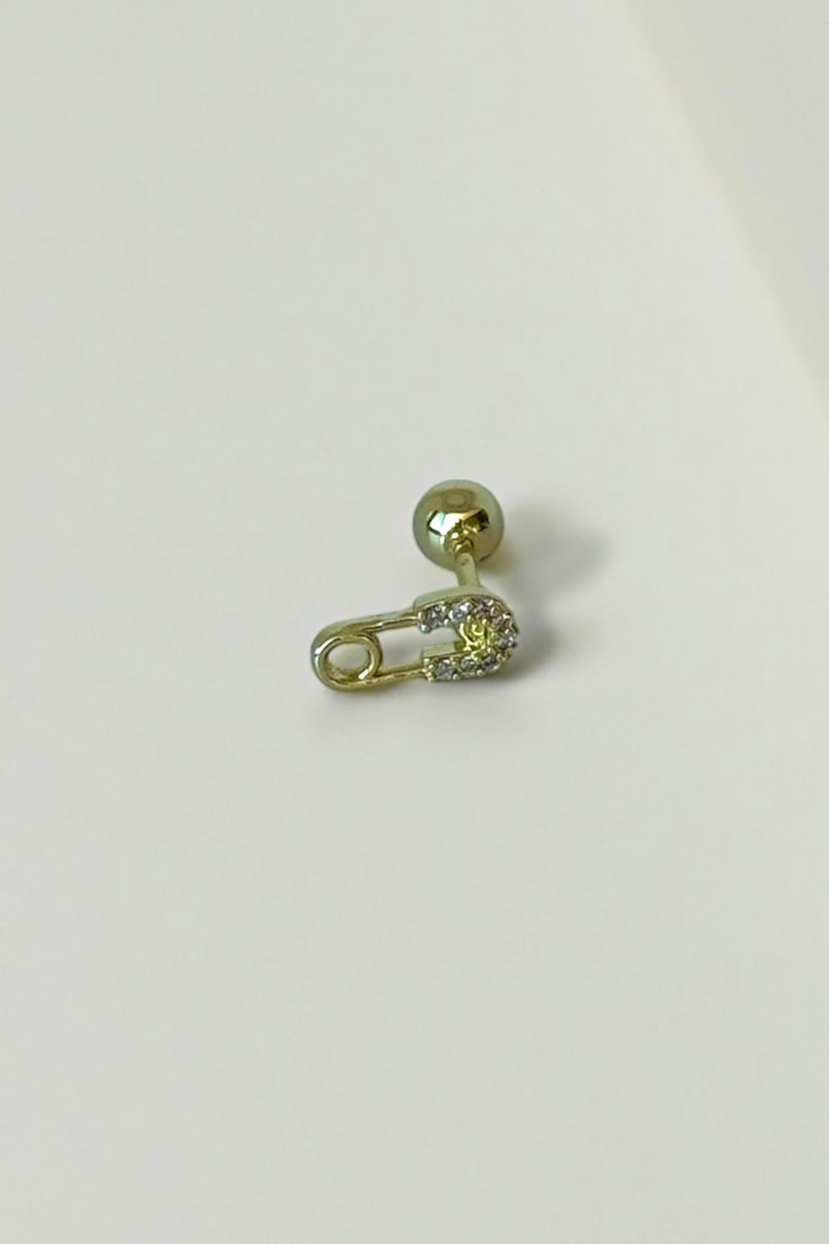 Altın Renk İğne Figürlü Taş Detaylı Çelik Tragus/Kıkırdak Küpe/Piercing (Tek)