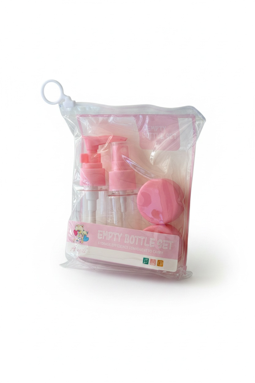 Pembe Renk Seyahat Kiti/ 4lü Doldurulabilir Şişe Set+Krem Kutusu