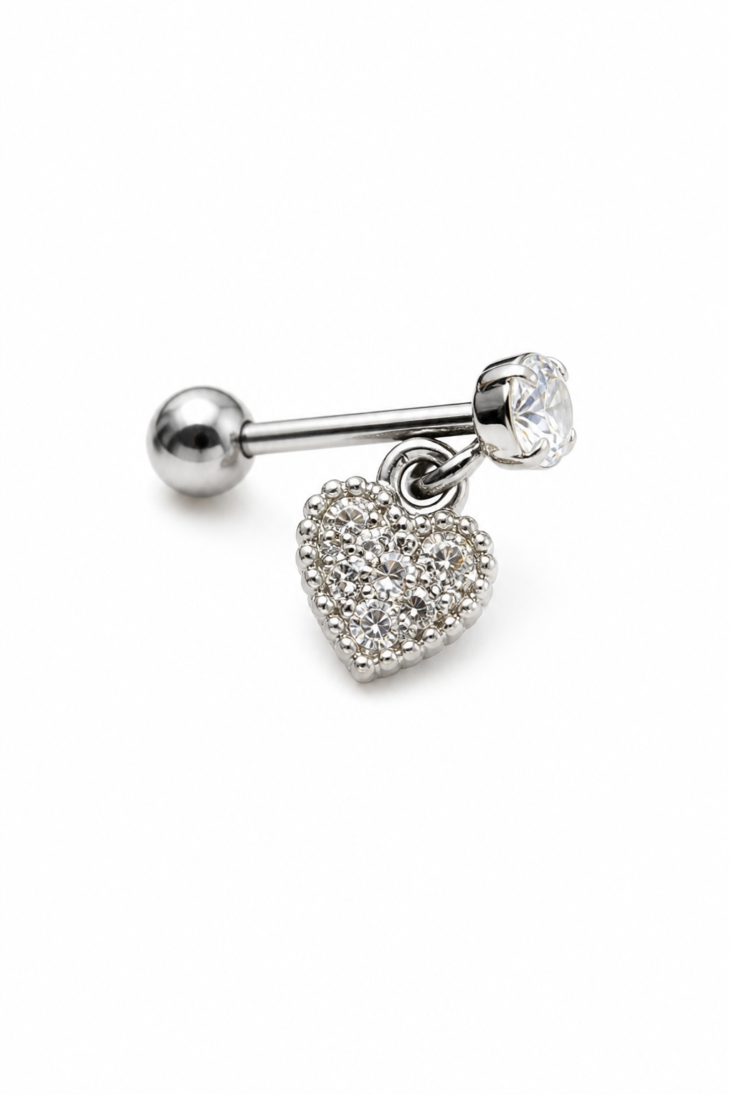 Gümüş Renk Kalp Figürlü Taşlı Cerrahi Çelik Tragus/Kıkırdak Küpe/Piercing (Tek)