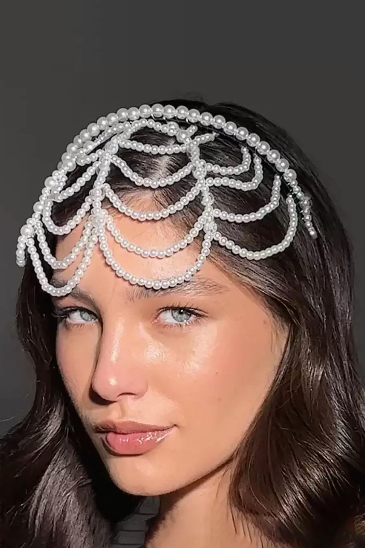 Beyaz Renk İnci Detaylı Gelin/Kına/Nişan/Bride Tasarım Taç