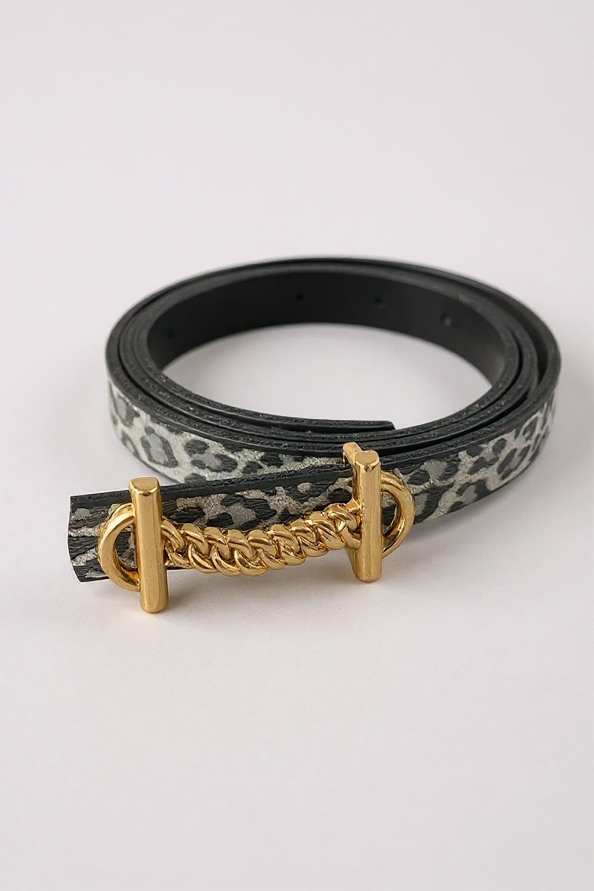 Altın Renk Leopar Desenli Kadın Deri Kemer