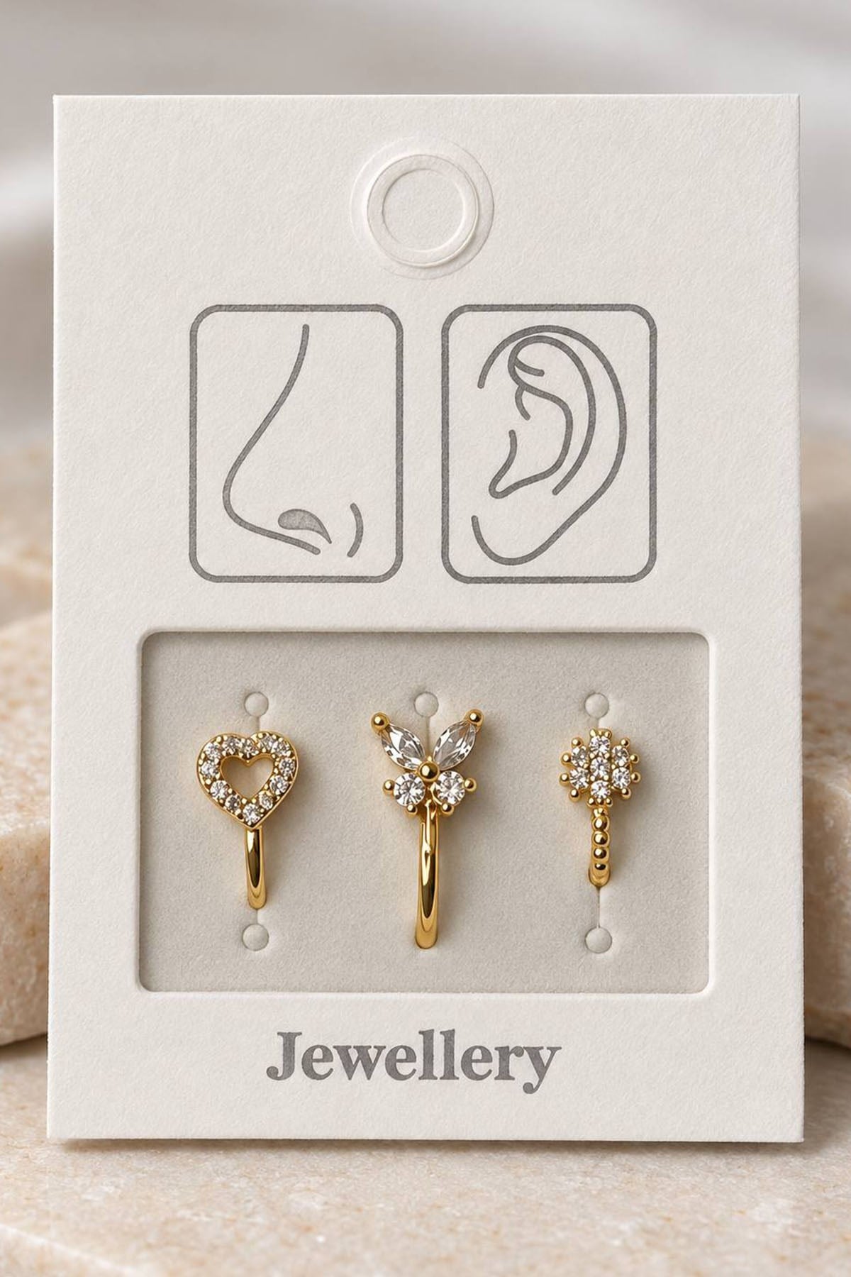 Altın Renk Karışık Figürlü Deliksiz Kulak/Burun 3lü Piercing Set