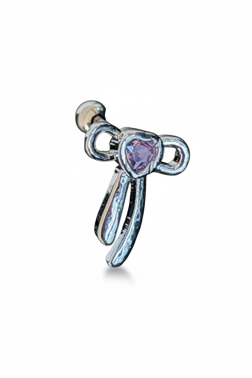 Gümüş Renk Fiyonk Figürlü Taşlı Cerrahi Çelik Tragus/Kıkırdak Küpe/Piercing (Tek)