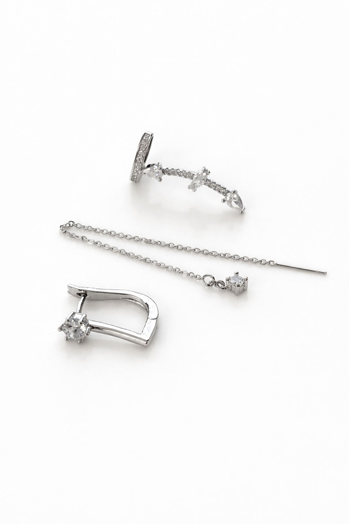 Gümüş Renk Taş Detaylı 3lü YSX Küpe Set