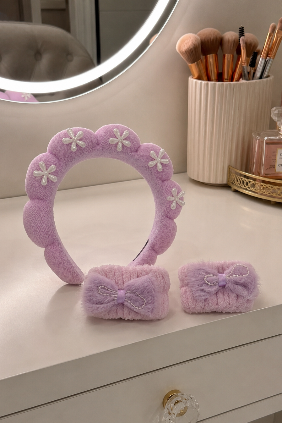 Mor Renk İncili Spa Saç Bandı Ve Peluş Su Emici Havlu Bileklik Set