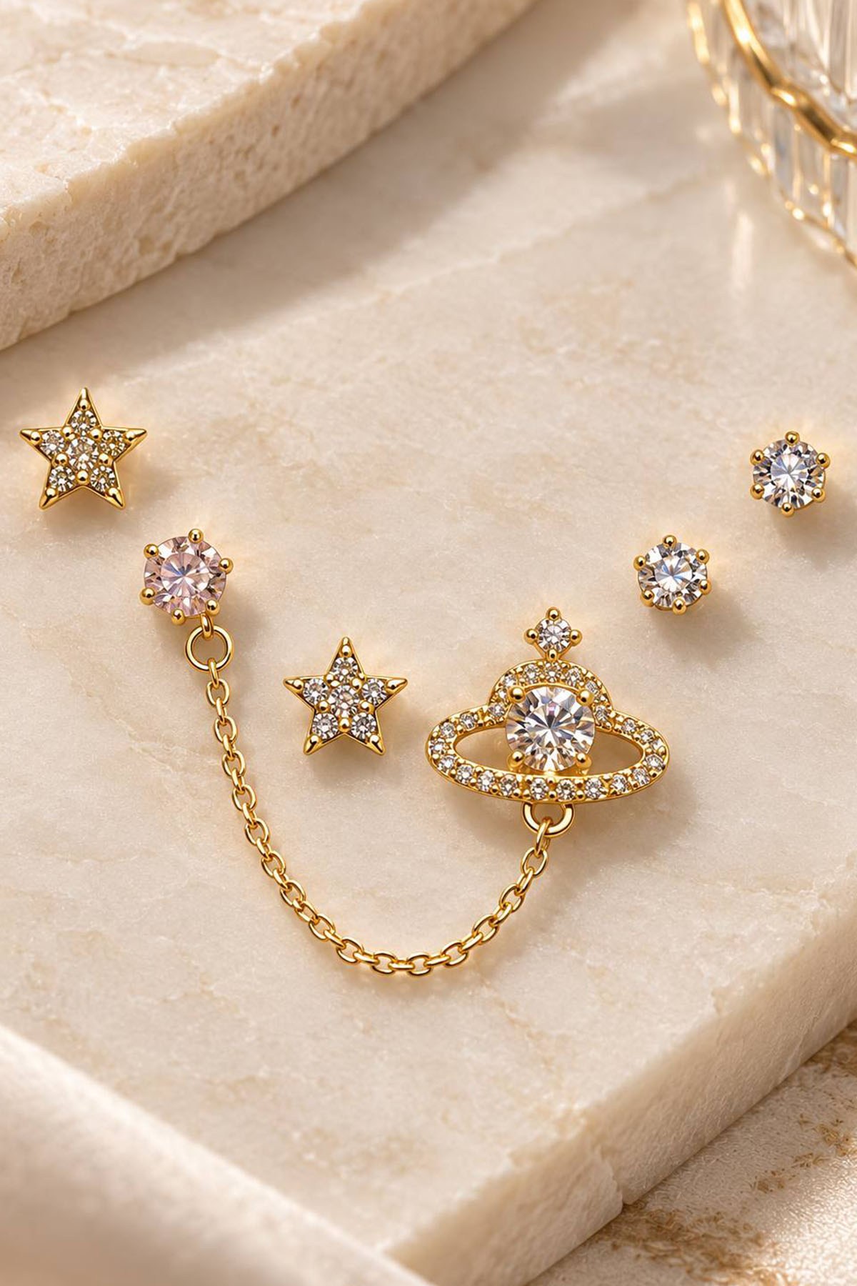 Altın Renk 6lı Taşlı Küpe Set