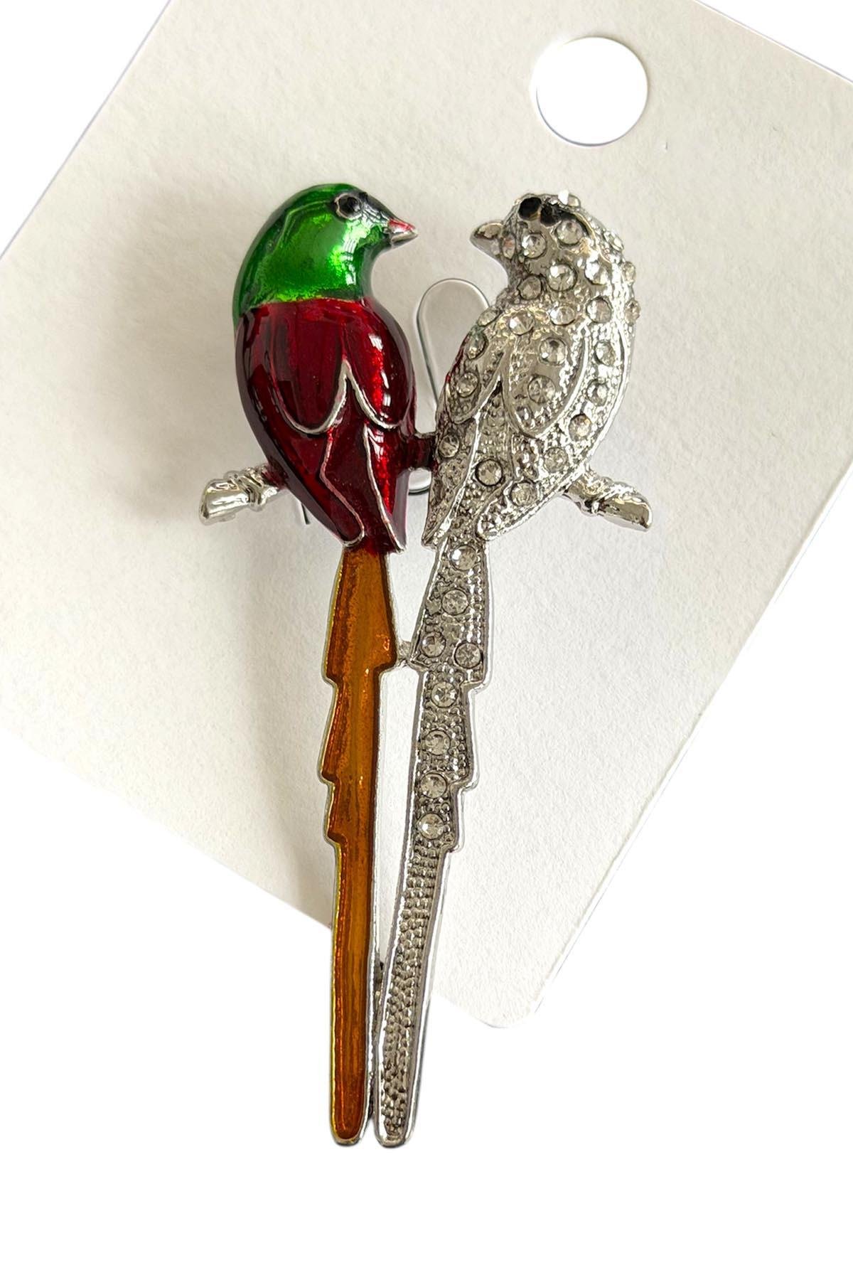 Kuş Figürlü Taşlı Broş