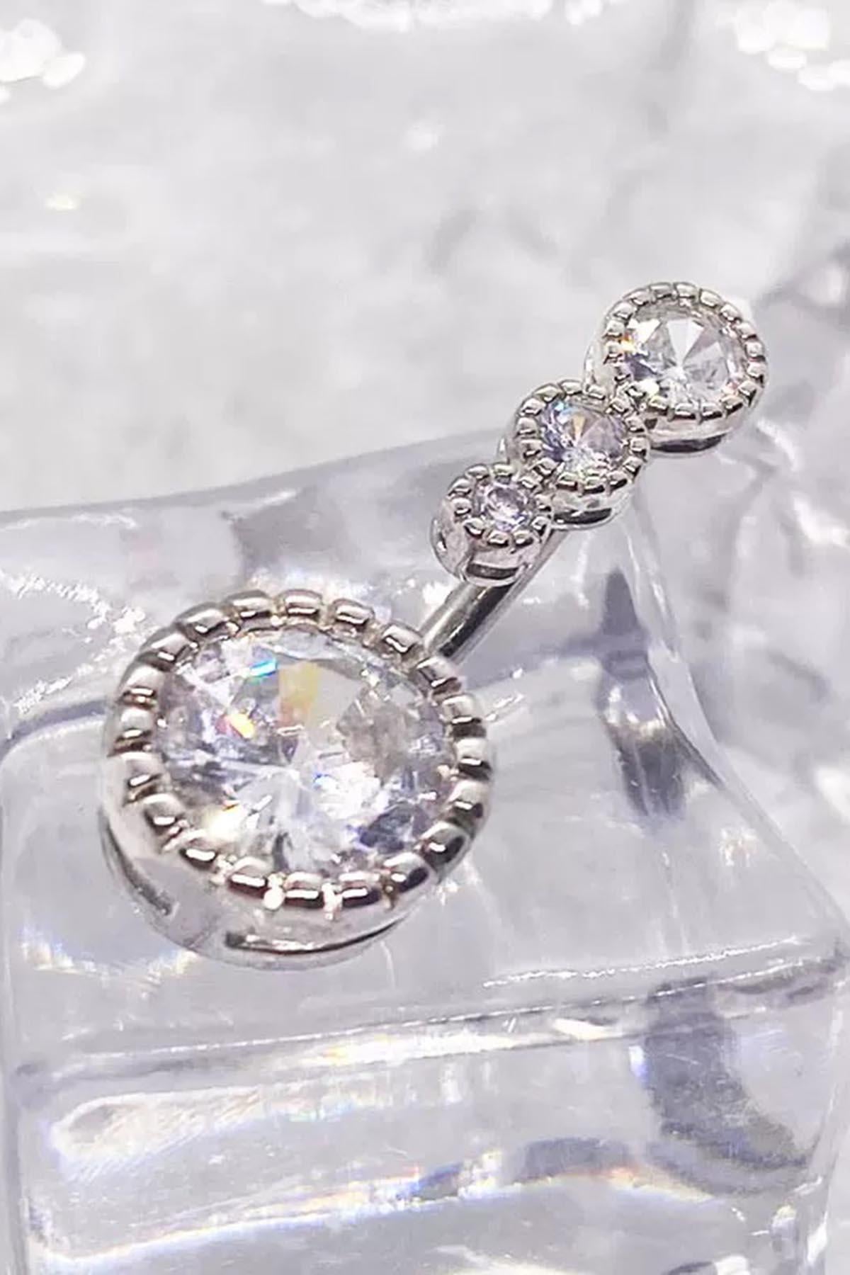 Gümüş Renk Taşlı Cerrahi Çelik Göbek Piercing