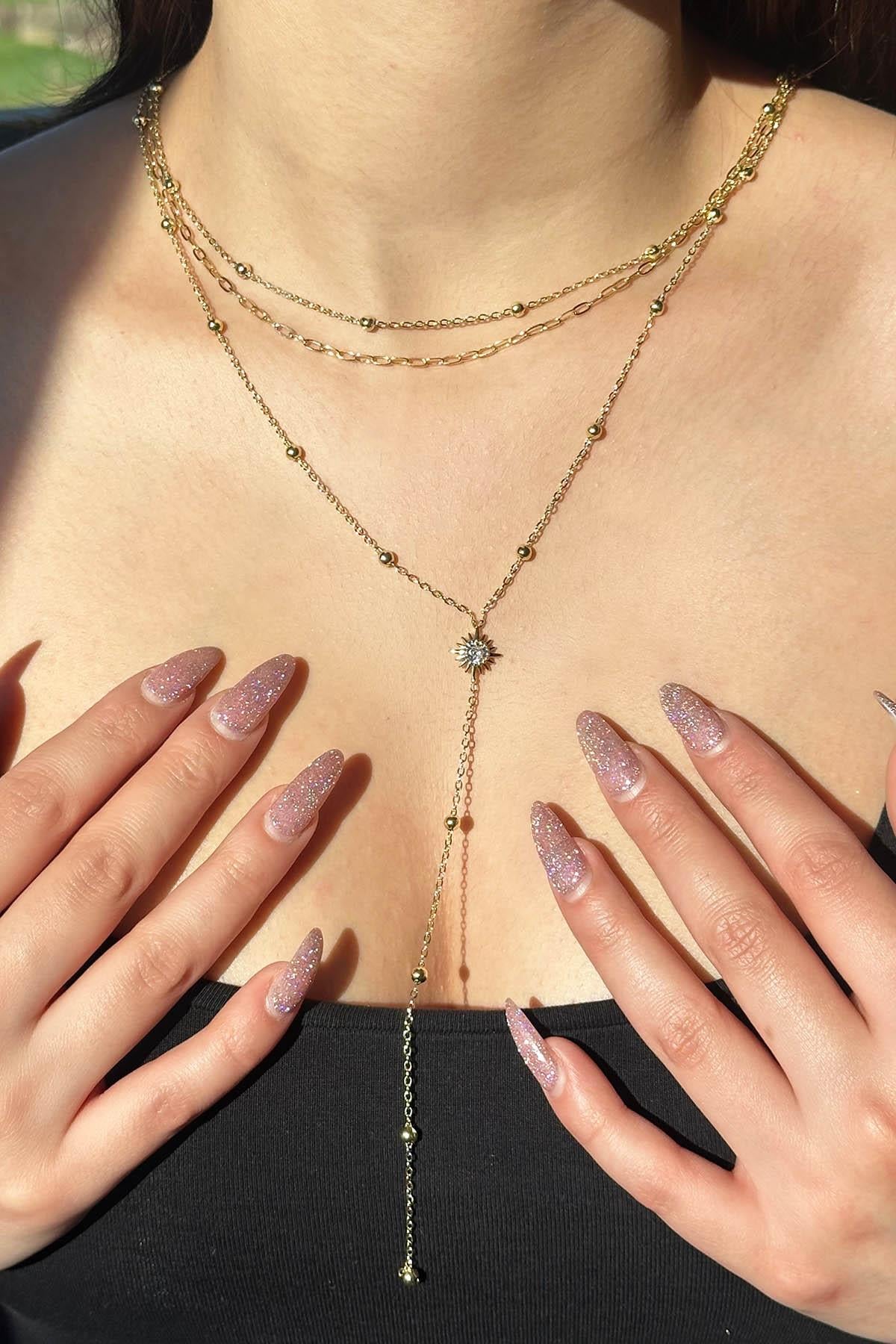 Altın Renk Taş Detaylı 14K Altın Kaplama VİP Y Kolye