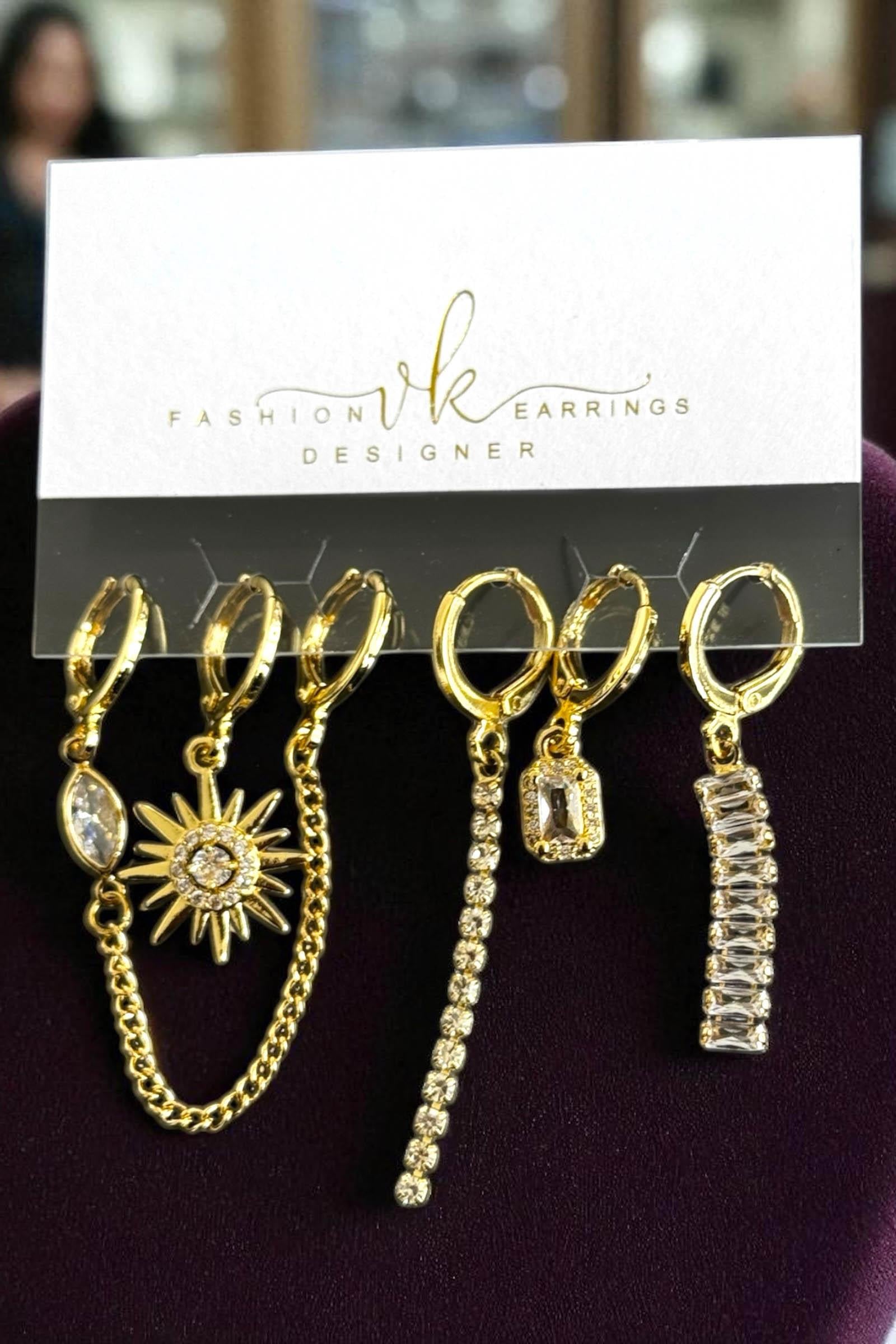 6lı Altın Renk Taş Detaylı Küpe Set