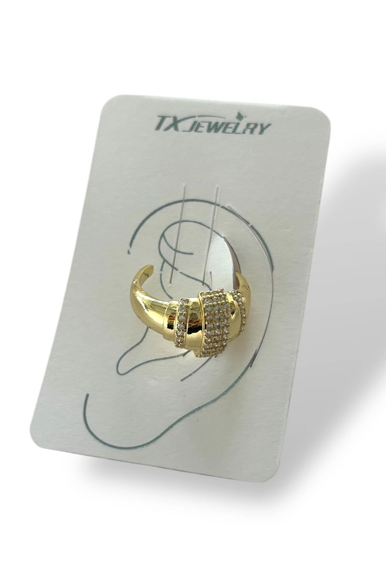 Altın Renk Taş Detaylı 14K Altın Kaplama TX Ear Cuff (Tek)