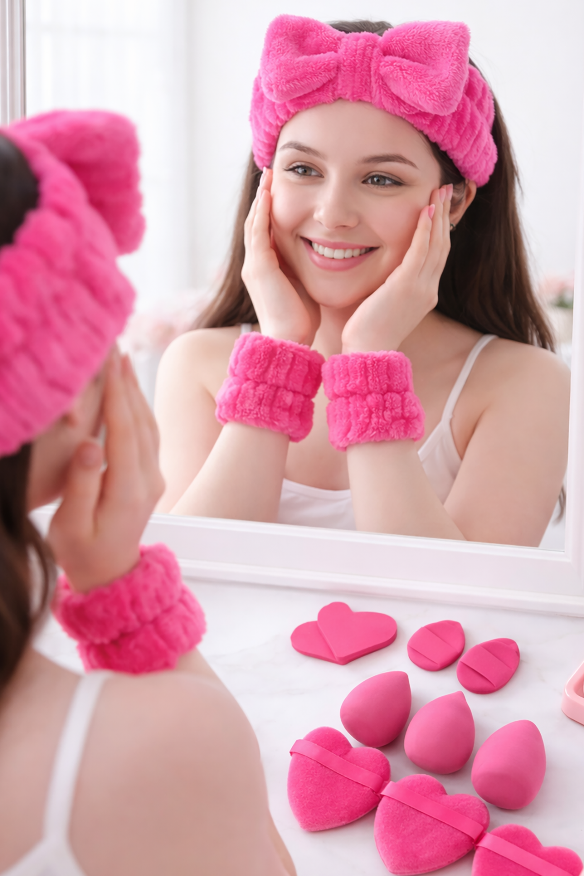 Fuşya Renk Kurdele Figürlü Su Emici Havlu Bileklik/Saç Bandı/Makyaj Süngeri Set