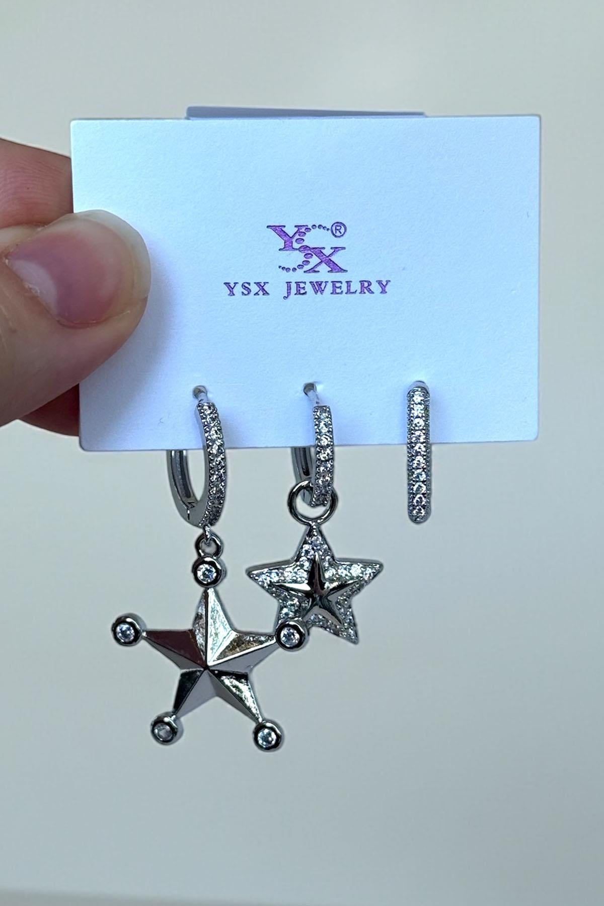 Gümüş Renk Yıldız Figürlü Taş Detaylı 3lü YSX Küpe Set  