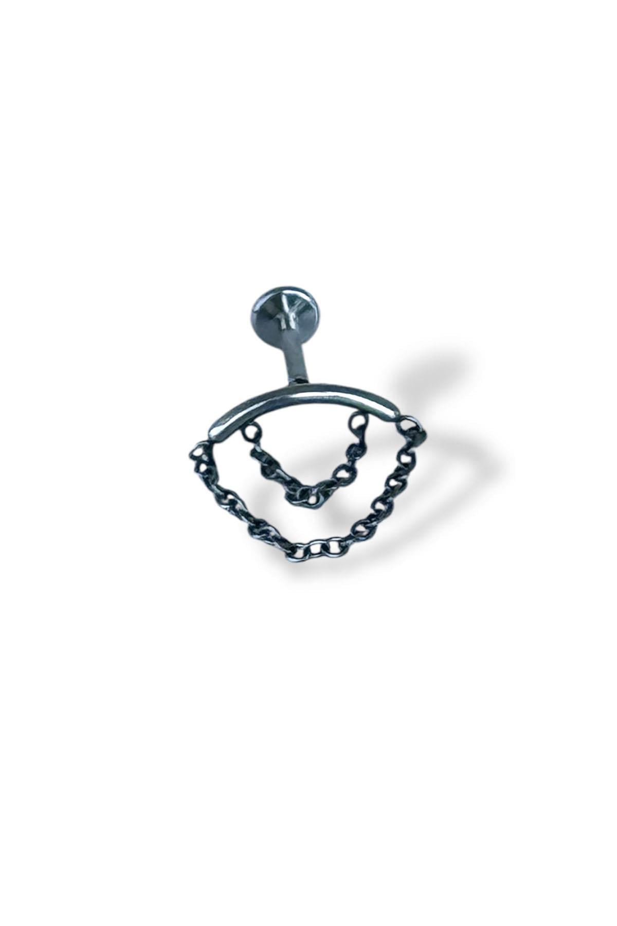 Gümüş Renk Zincir Detaylı Çelik Tragus/Kıkırdak Küpe/Piercing (Tek)
