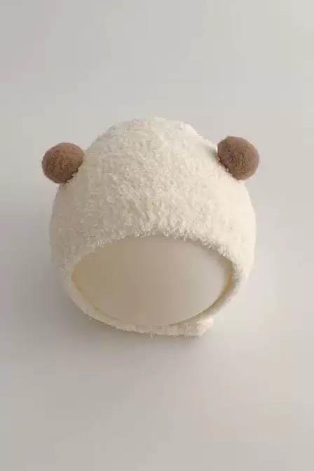 Krem Ve Kahve Renk Ponpon Detaylı Bebek Peluş Şapka