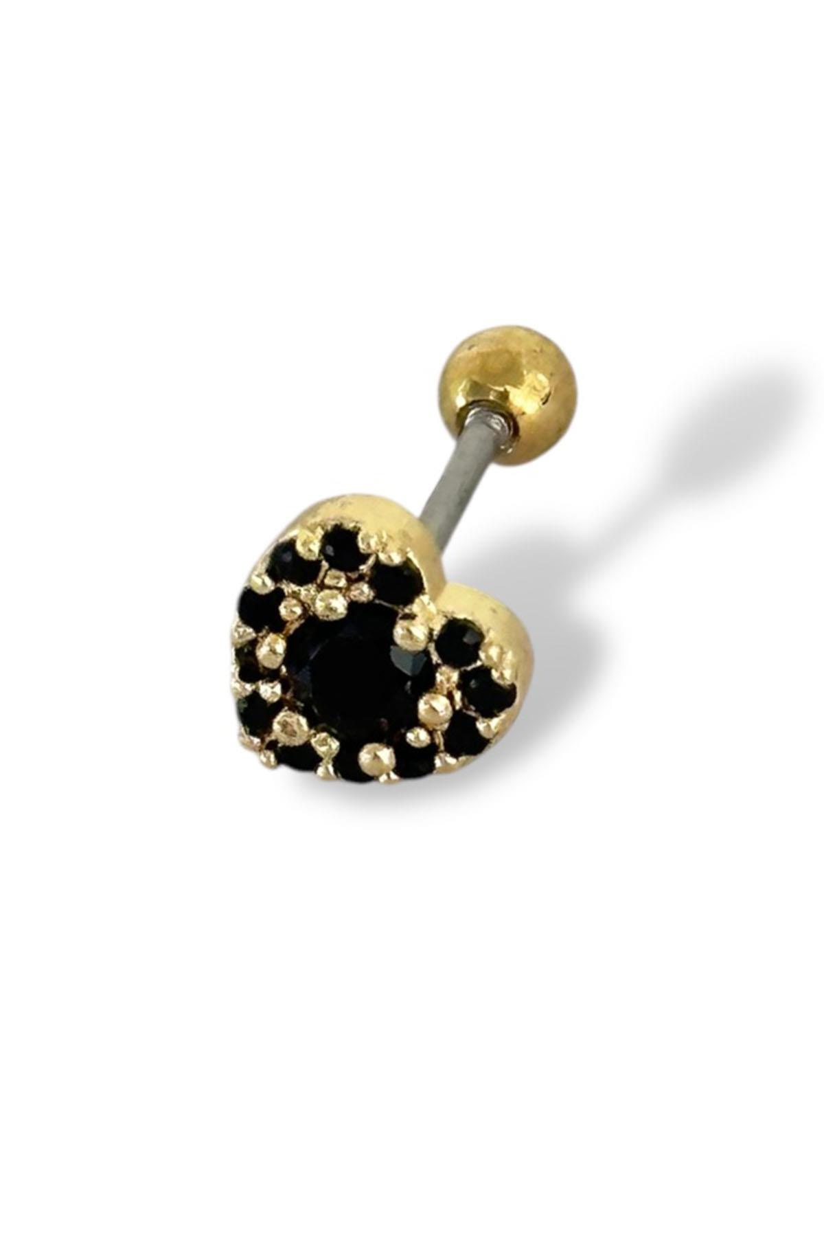 Altın Ve Siyah Renk Kalp Figürlü Taş Detaylı Çelik Tragus/Kıkırdak Küpe/Piercing (Tek)