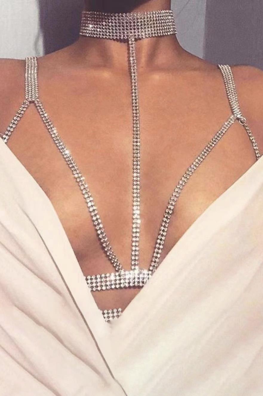 Gümüş Renk Taş Detaylı Tasarım Vücut Aksesuar