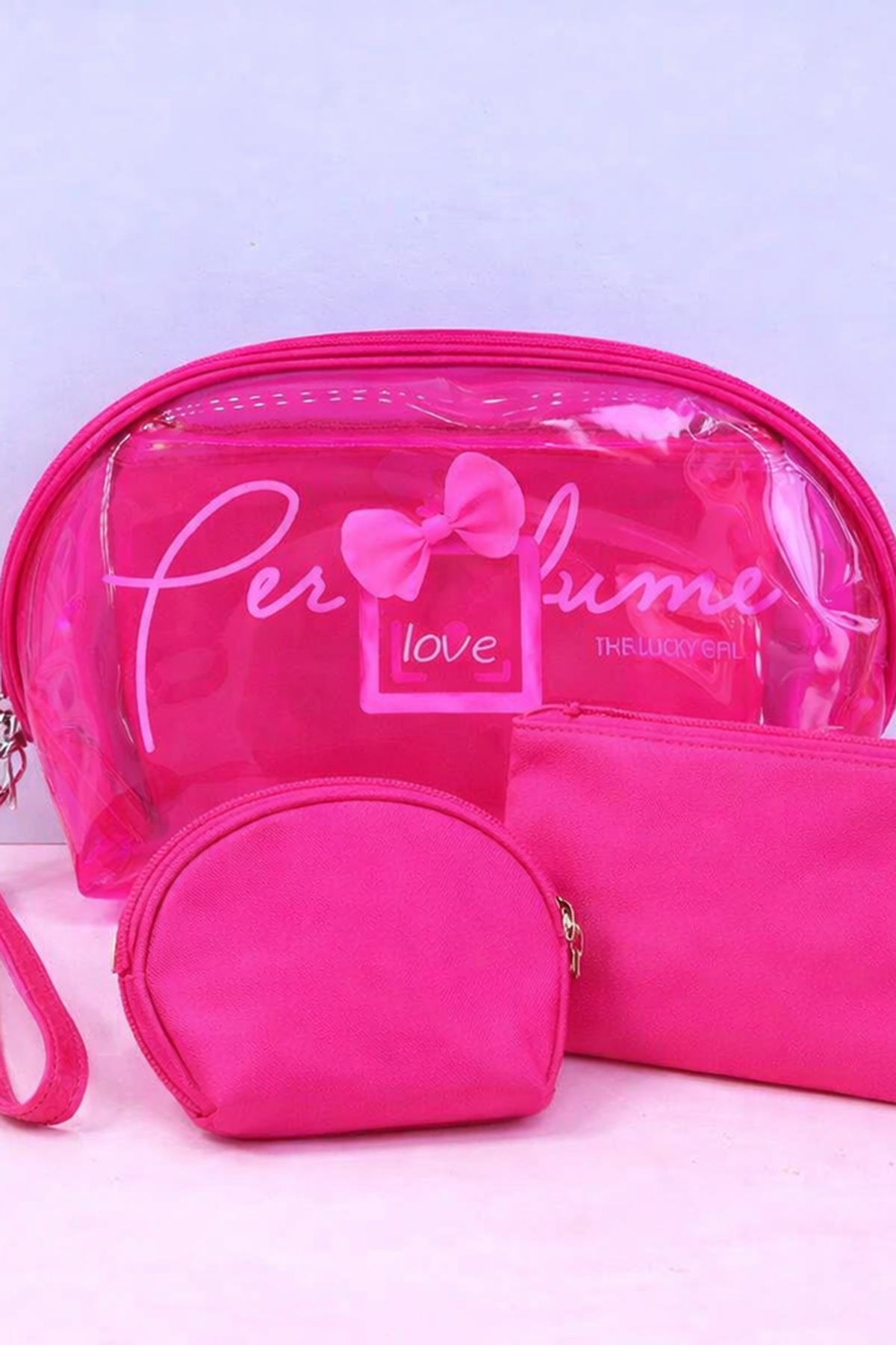 Pembe Renk 3lü Şeffaf Makyaj Çantası