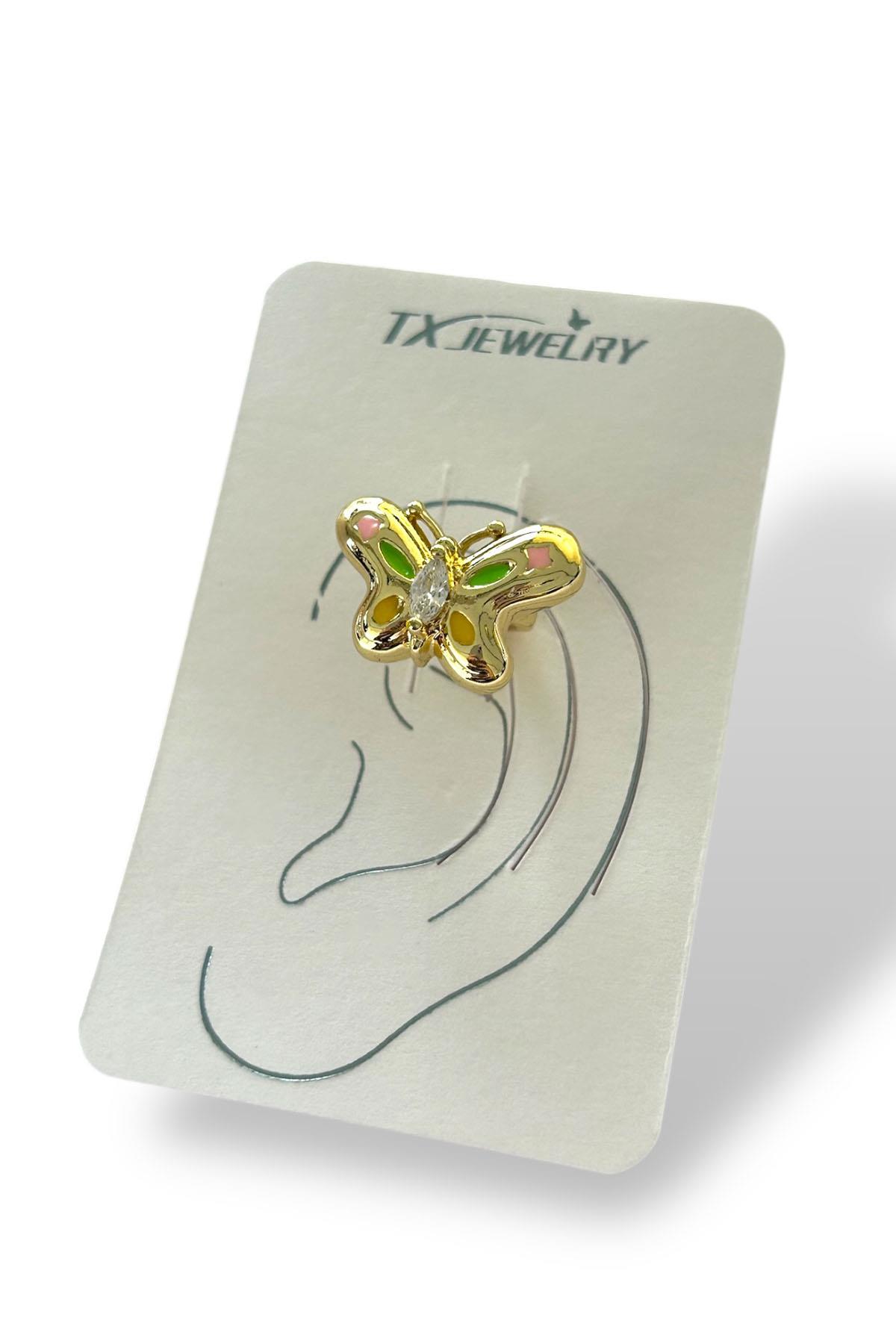 Altın Renk Kelebek Figürlü Taş Detaylı 14K Altın Kaplama TX Ear Cuff (Tek)