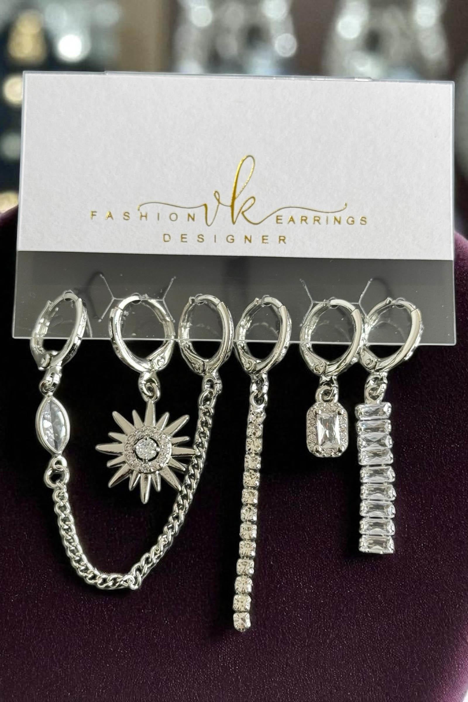 6lı Gümüş Renk Taş Detaylı Küpe Set