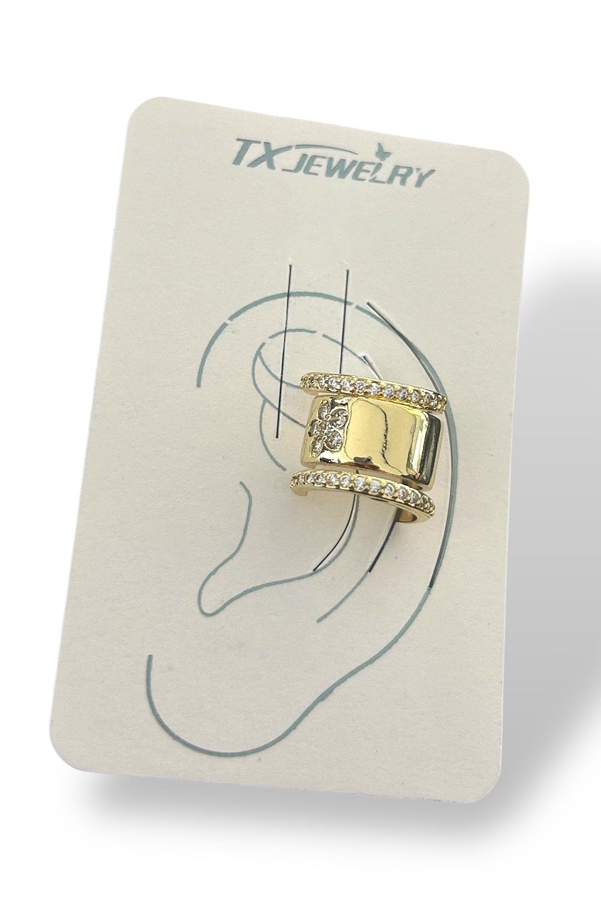 Altın Renk Çiçek Figürlü Taş Detaylı 14K Altın Kaplama TX Ear Cuff (Tek)
