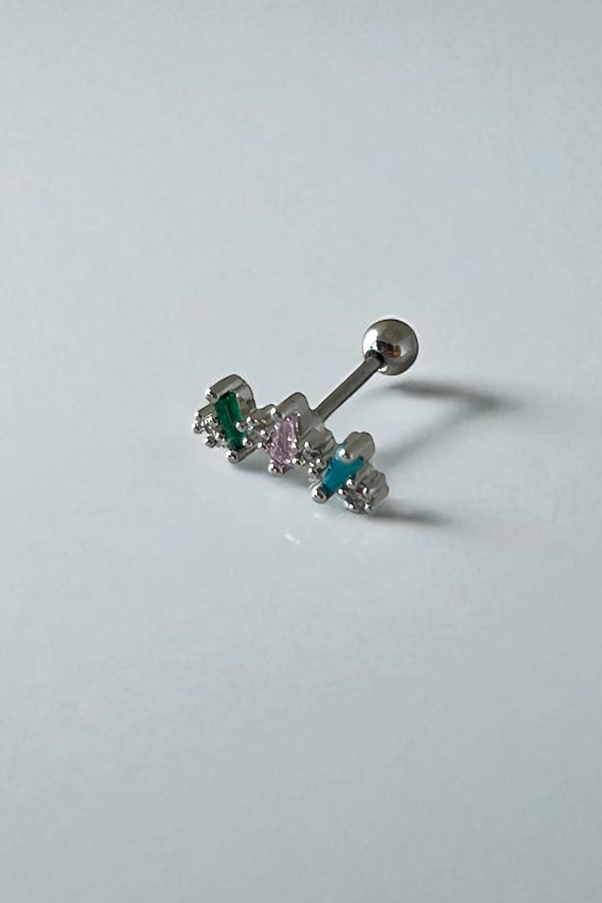 Altın Renk Taş Detaylı Çelik Tragus/Kıkırdak Küpe/Piercing (Tek)