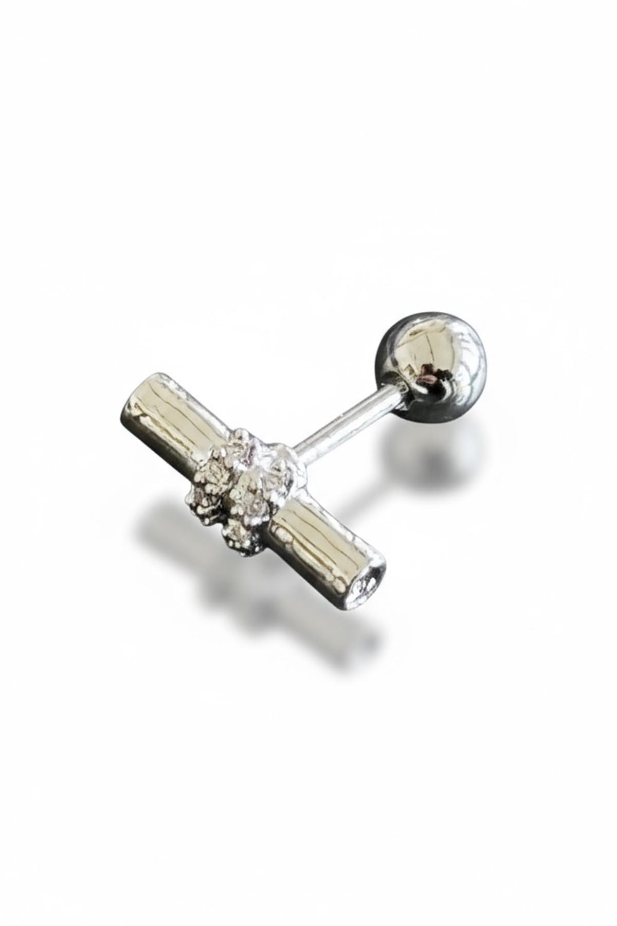 Gümüş Renk Taş Detaylı Cerrahi Çelik Tragus/Kıkırdak Küpe/Piercing (Tek)