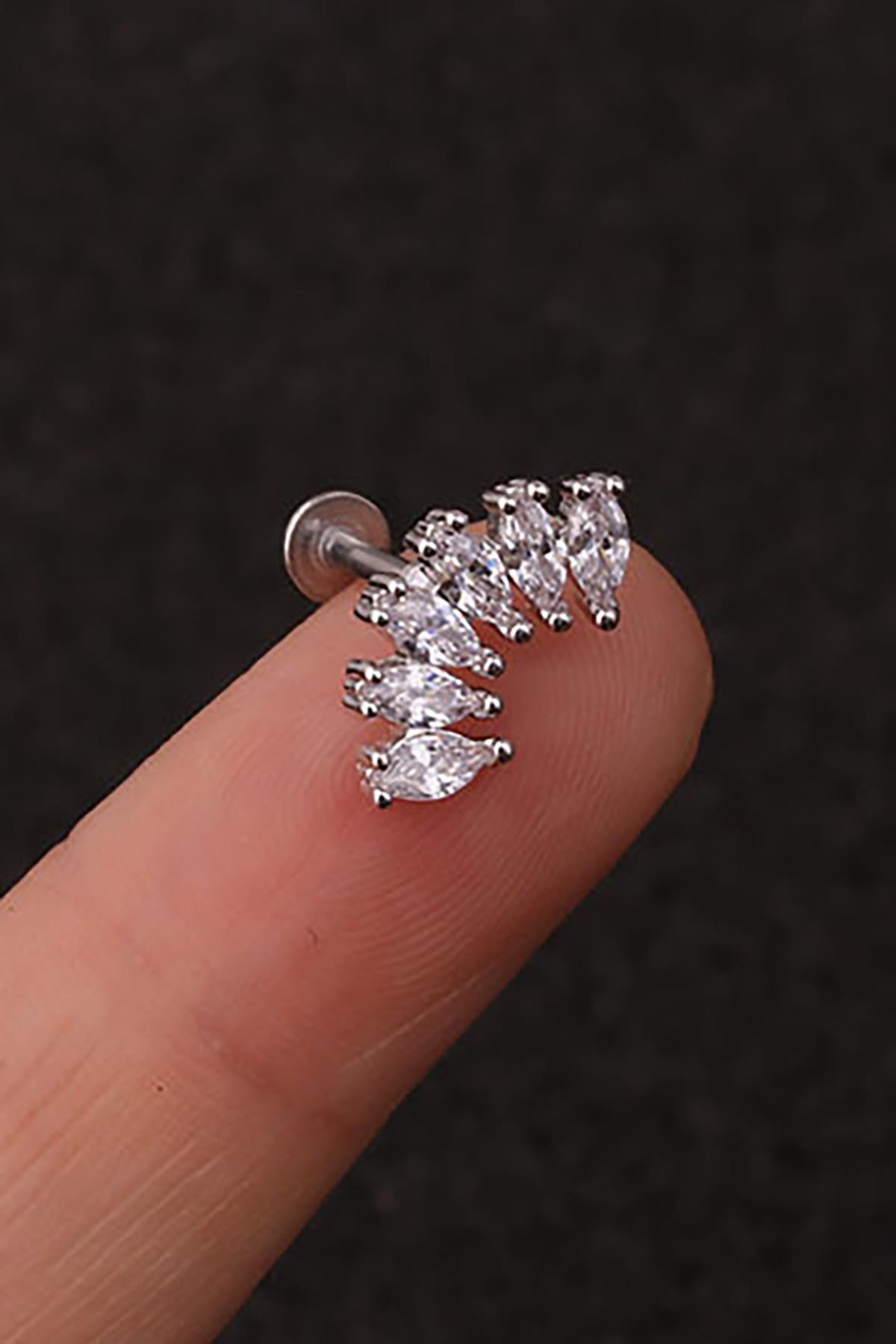 Gümüş Renk Taş Detaylı Çelik Tragus/Kıkırdak Küpe/Piercing (Tek)