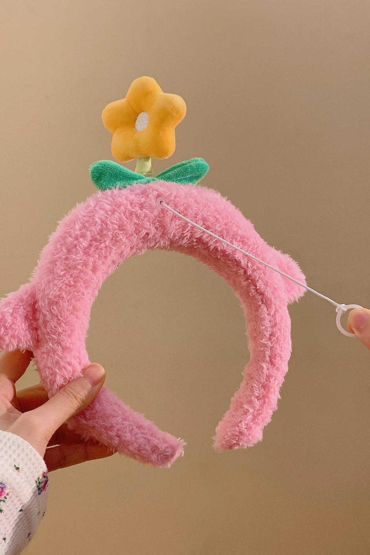 Pembe Renk Dönen Çiçek Detaylı Peluş Taç