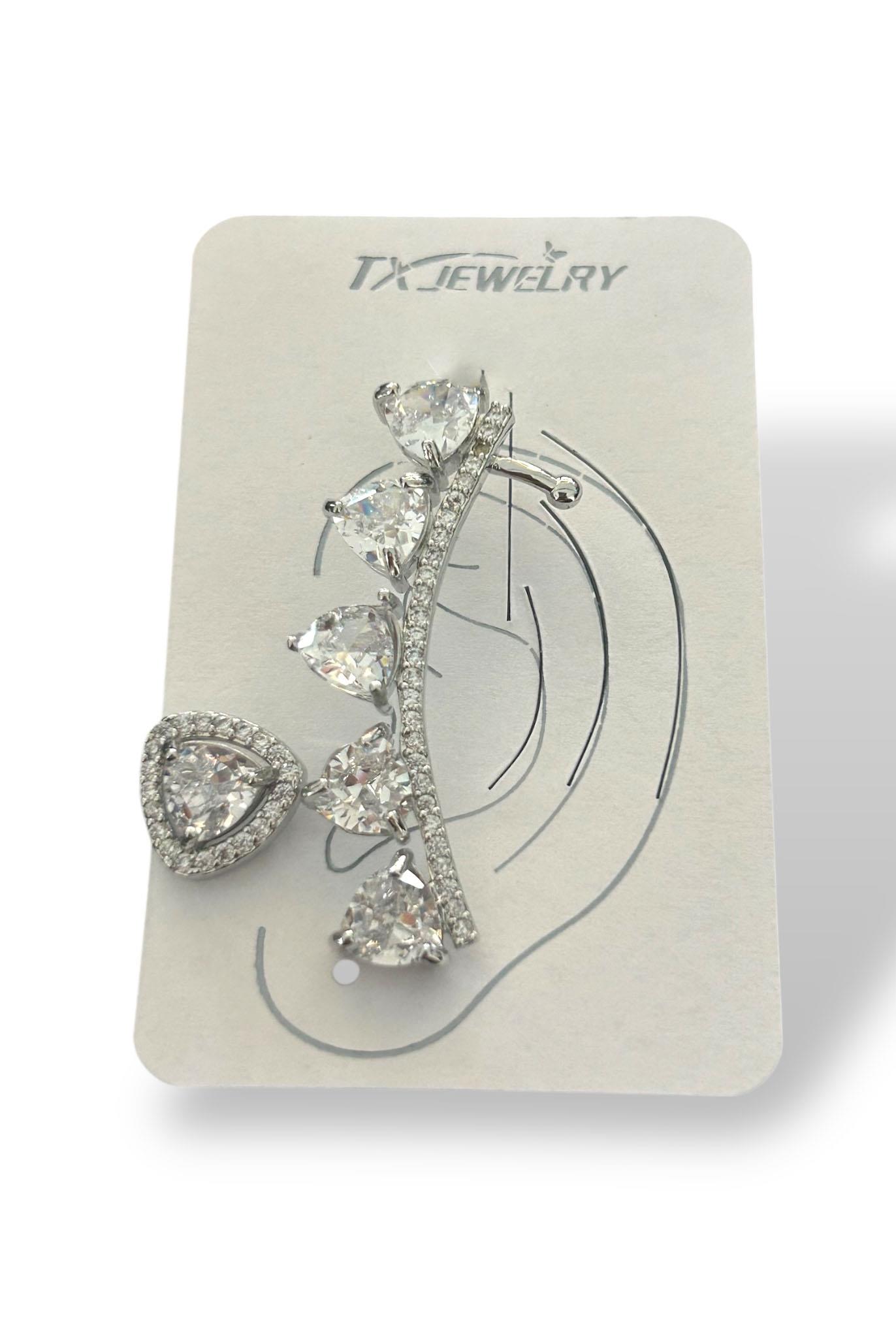 Gümüş Renk Taş Detaylı 14K Altın Kaplama TX Ear Cuff Ve Küpe Set (Tek)