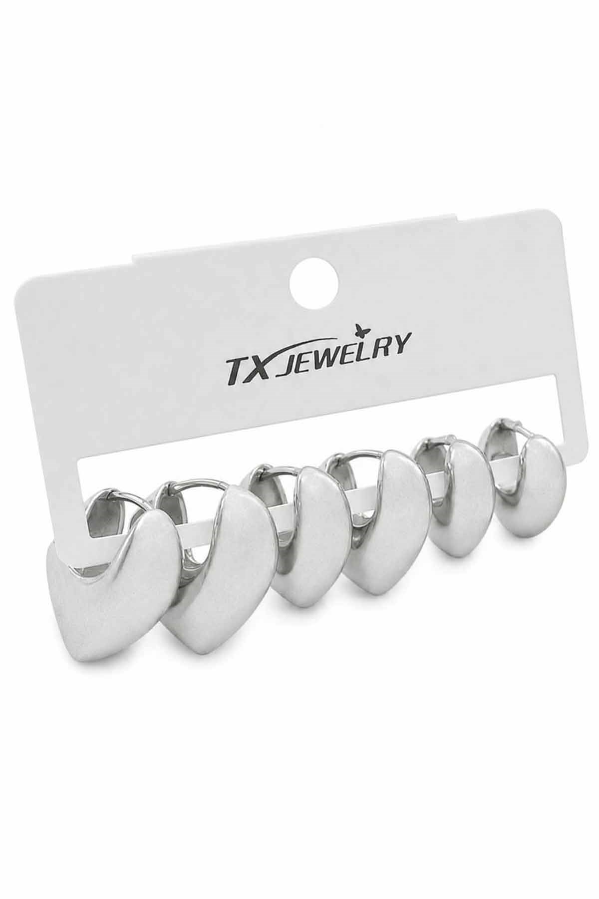 Gümüş Renk 6lı Kalp Detaylı Tx Küpe Set