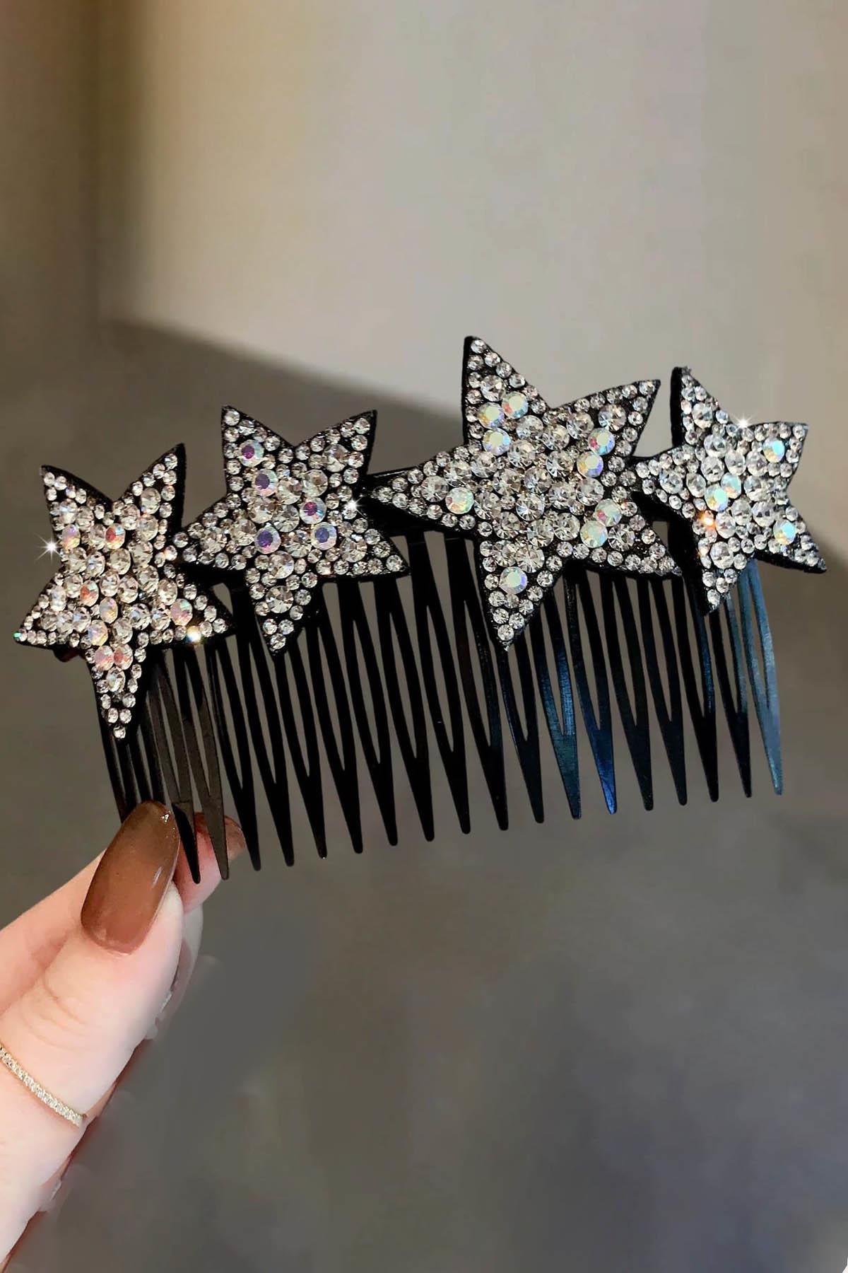 Siyah Renk  Yıldız Detaylı Taşlı Tarak Toka